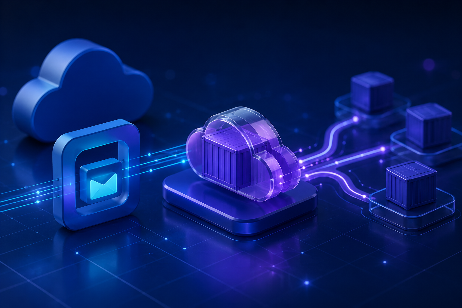 Cloud-native container workflow illustration with connected job queues and container workloads