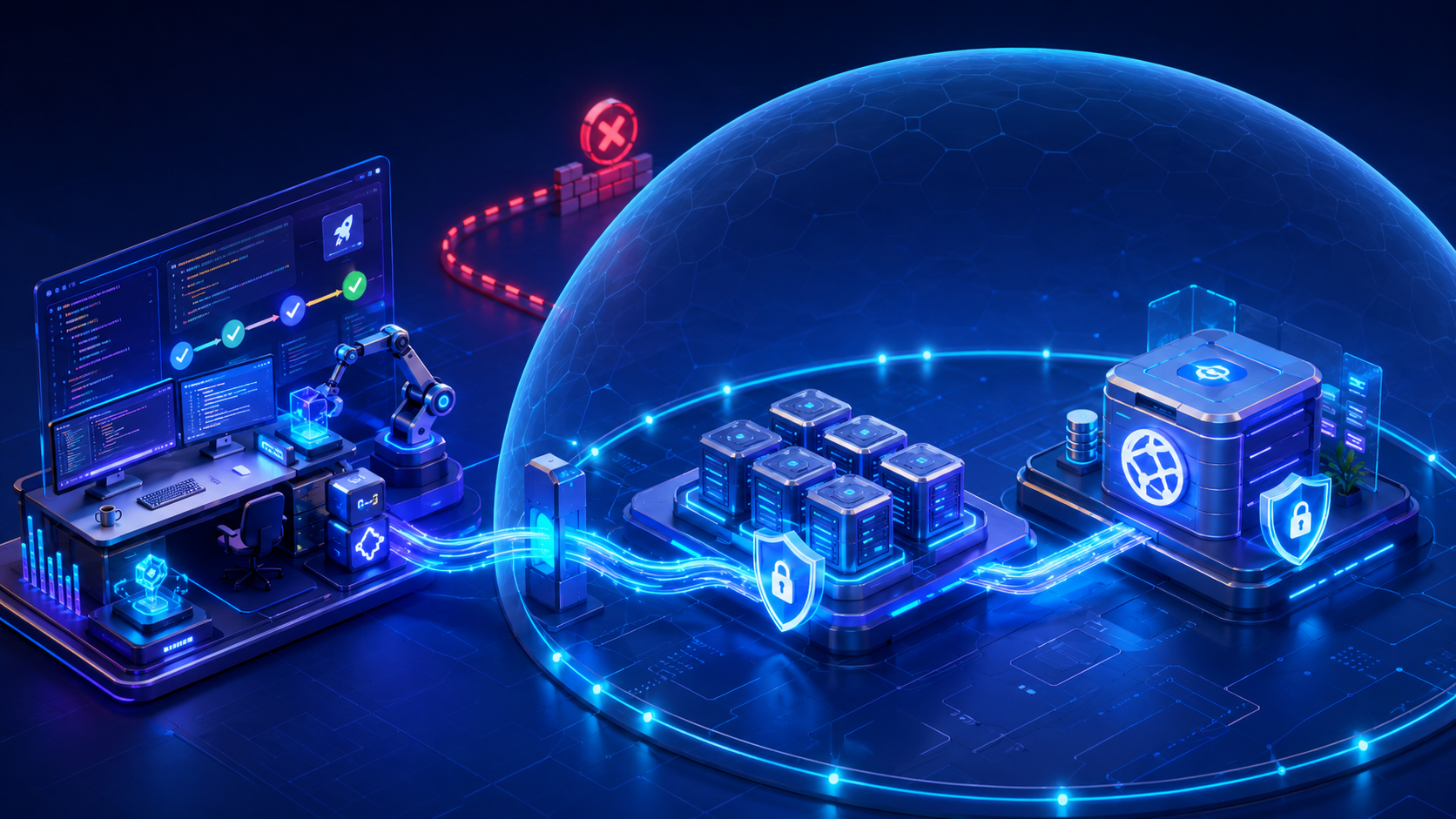 Illustration of a secure private deployment pipeline connecting development workstations, protected network infrastructure, and cloud application services
